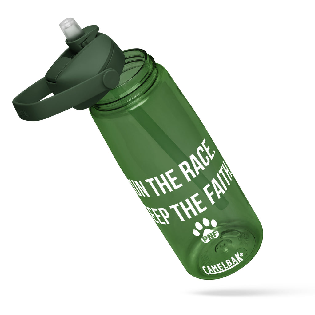 Tilt view of dark green CamelBak® water bottle showing "Run the Race. Keep the Faith." in white text.