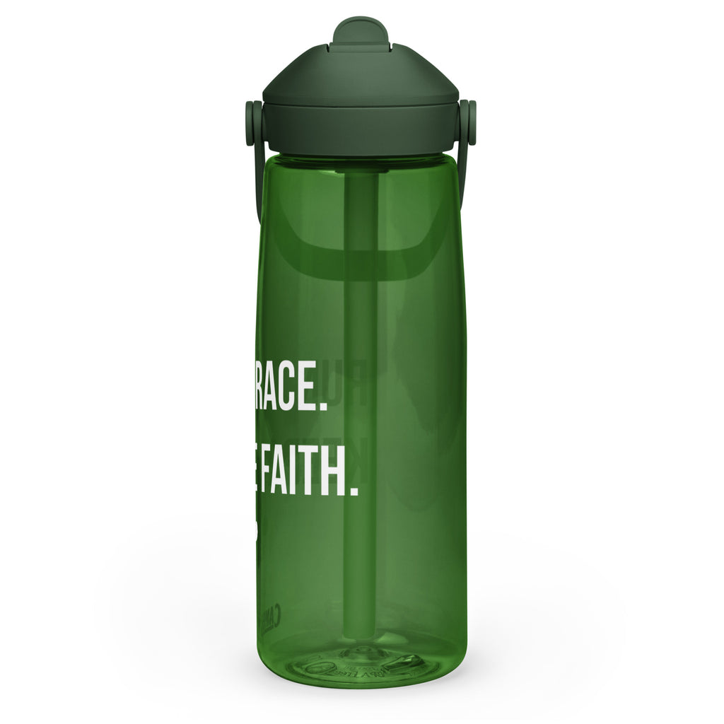 Side view of dark green CamelBak® water bottle showing "Run the Race. Keep the Faith." in white text.