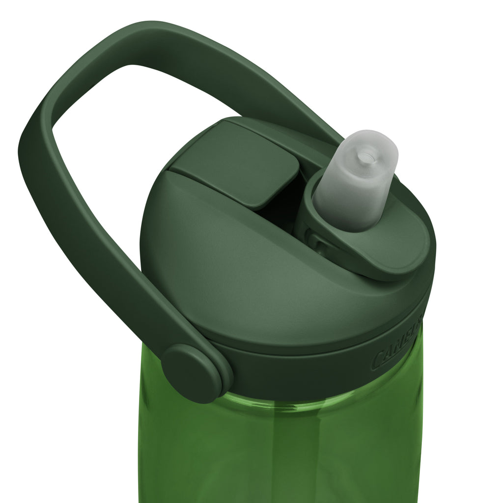 Top view of dark green CamelBak® water bottle showing "Run the Race. Keep the Faith." in white text.