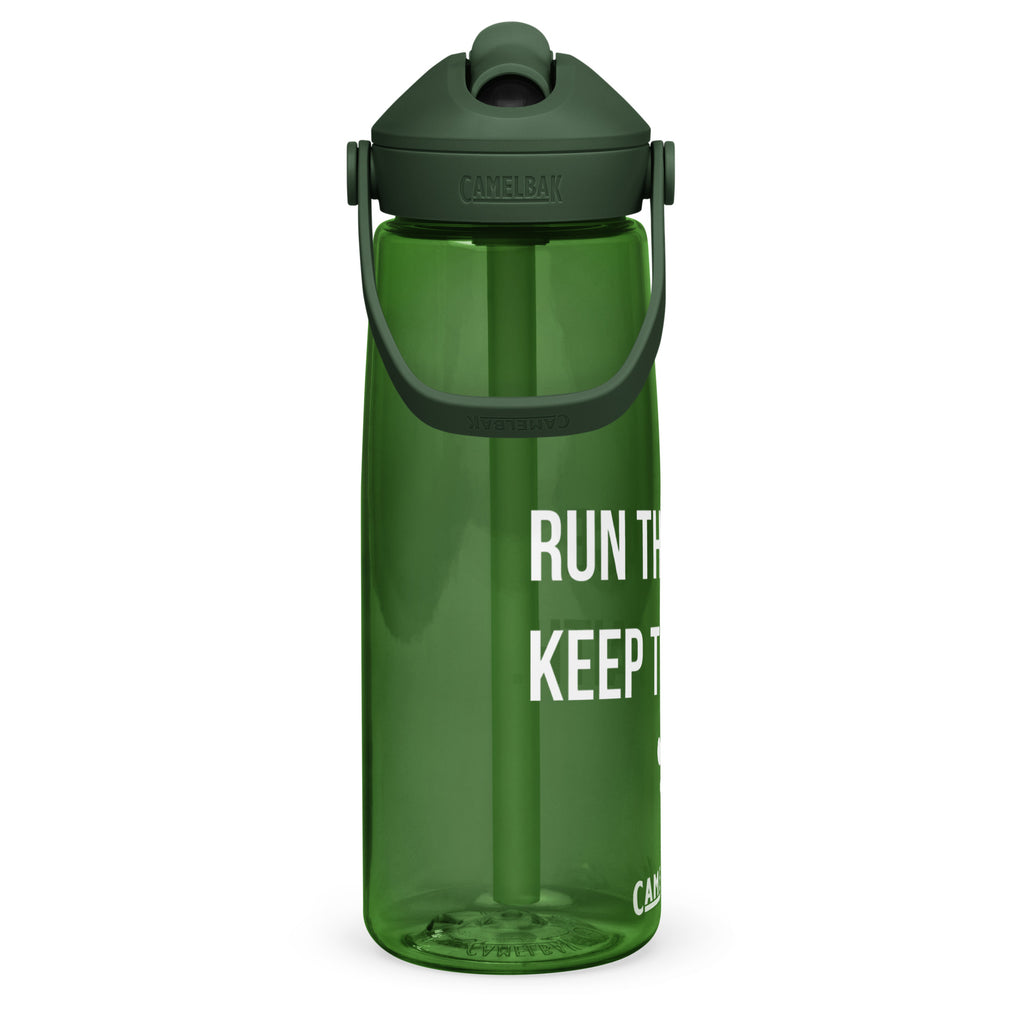 Side view of dark green CamelBak® water bottle showing "Run the Race. Keep the Faith." in white text.