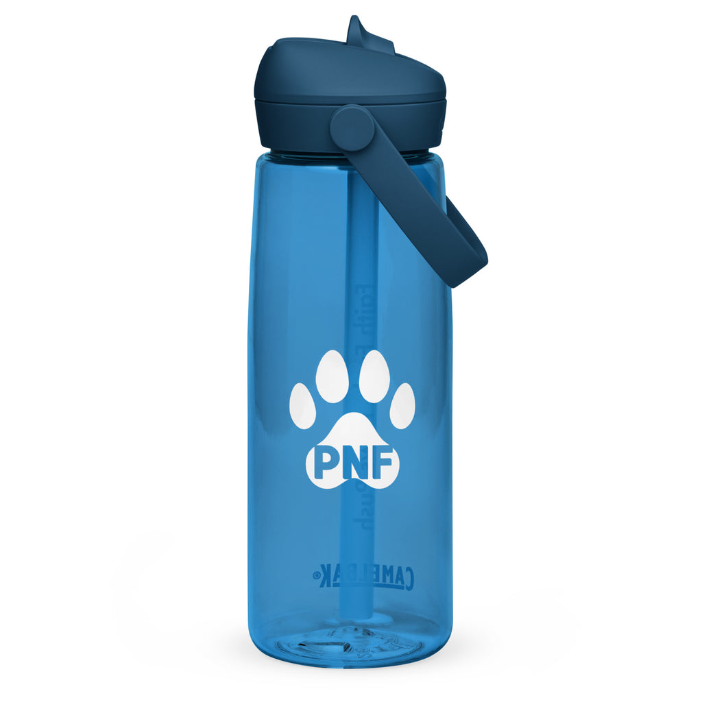 Back view of ocean blue CamelBak® water bottle showing the PNF logo in white.