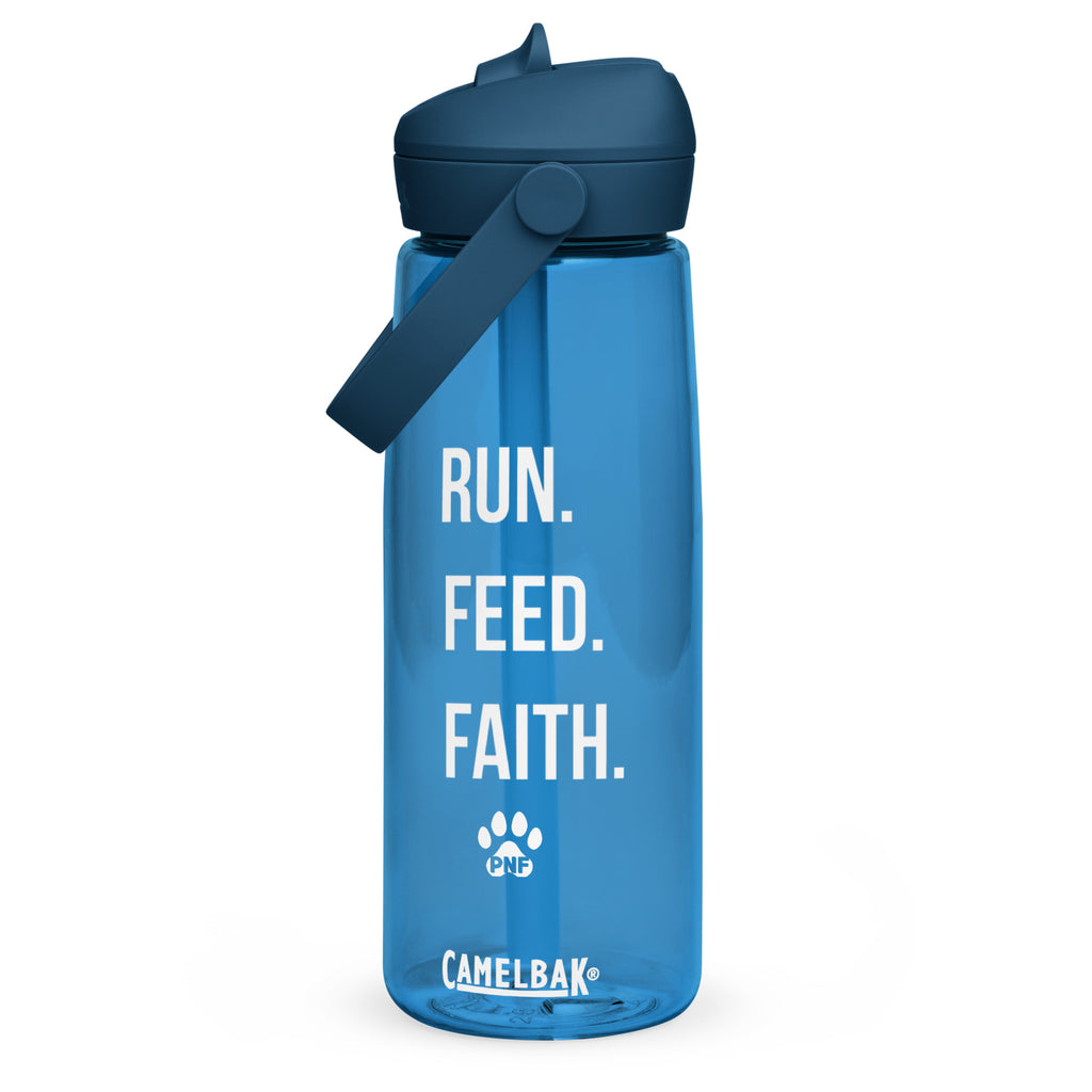 Front view of blue CamelBak® water bottle showing "Run. Feed. Faith." in white text.