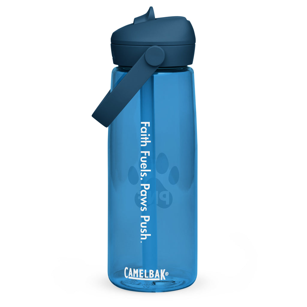 Front view of purple sky CamelBak® water bottle showing "Faith Fuels. Paws Push On." in white text.