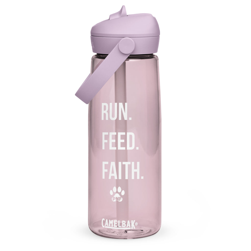 Front view of purple skyCamelBak® water bottle showing "Run. Feed. Faith." in white text.