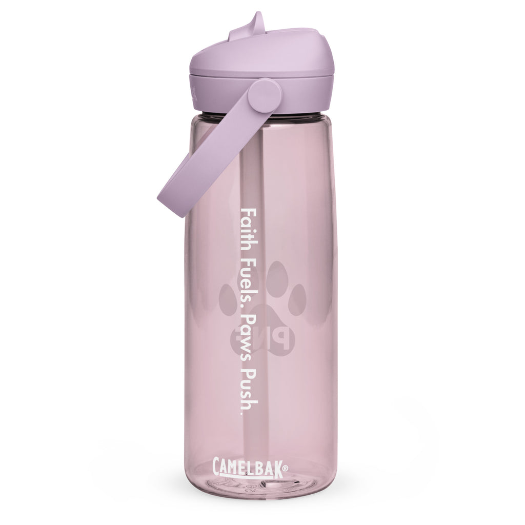 Front view of purple sky CamelBak® water bottle showing "Faith Fuels. Paws Push." in white text.