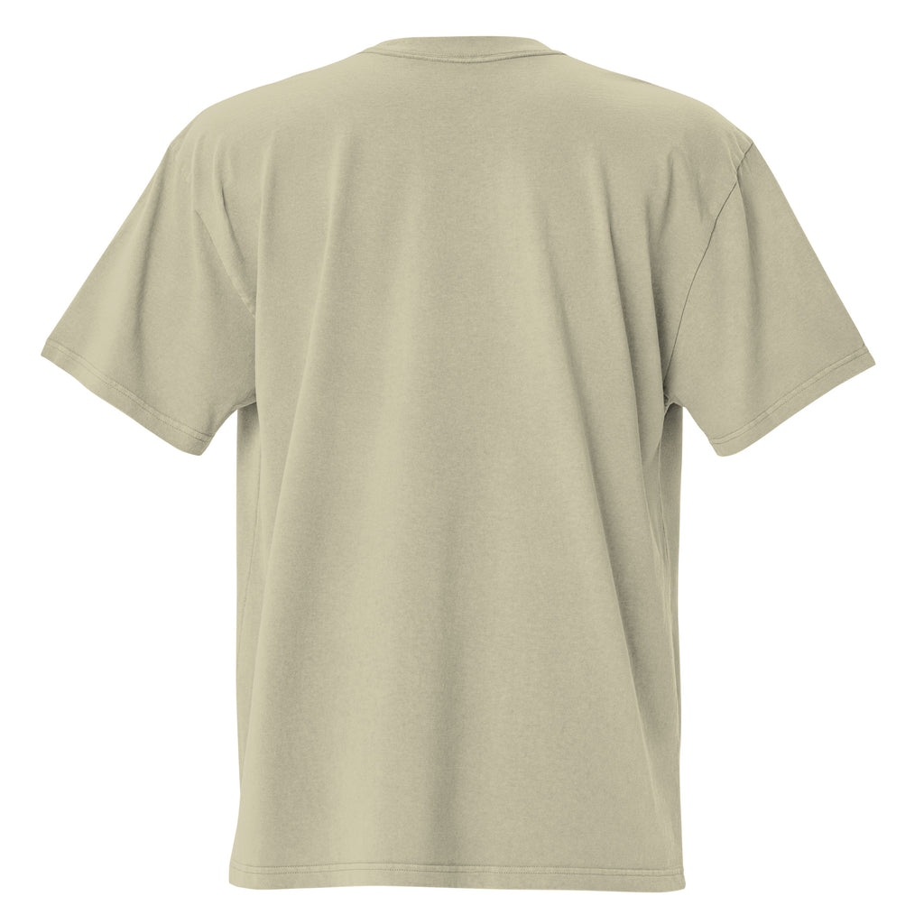Back view of tan oversized faded t-shirt with cat illustrations and Bible verses, including Proverbs 12:10, 1 Corinthians 13:7, and Matthew 10:29, designed by Pets N Faith.