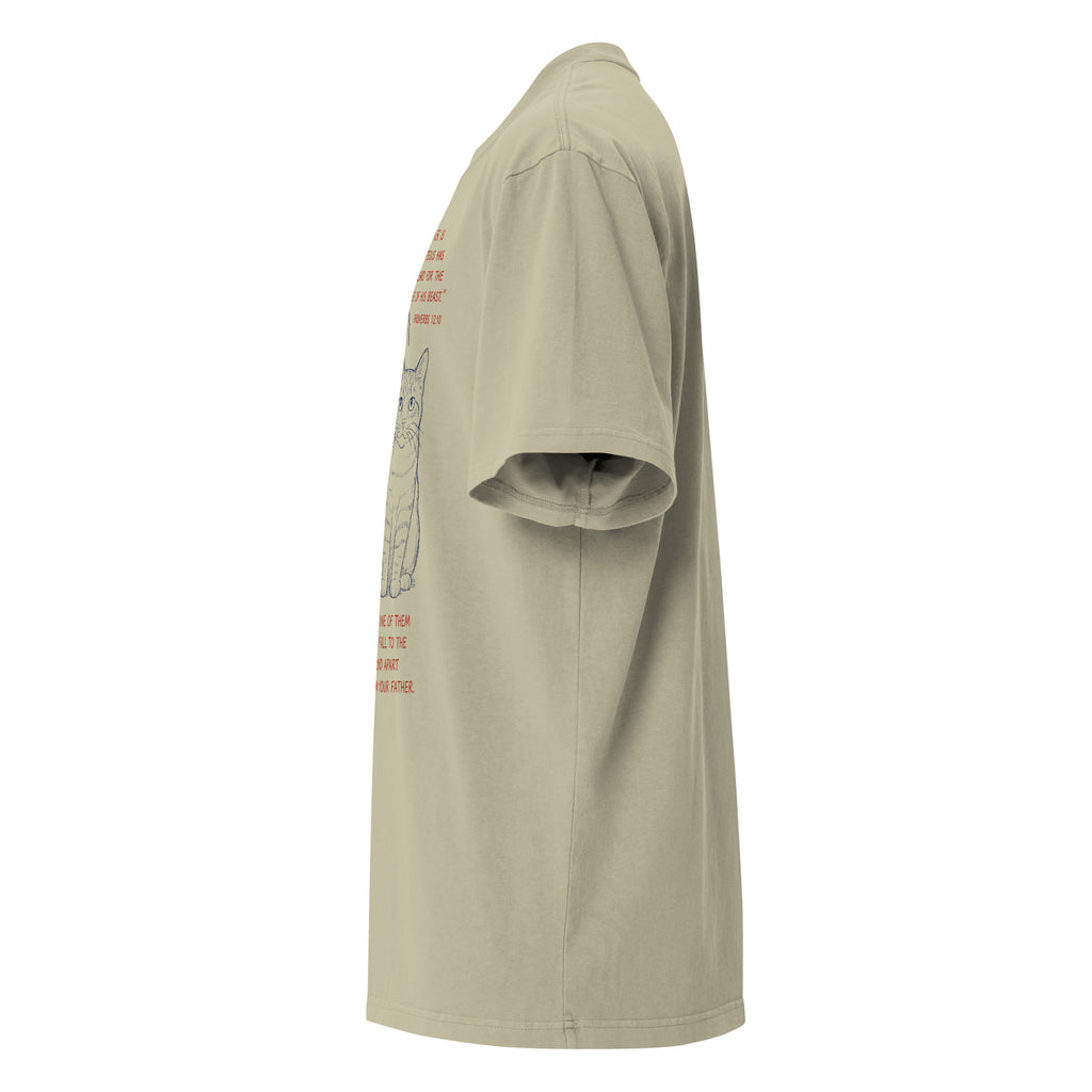 Side view of tan oversized faded t-shirt with cat illustrations and Bible verses, including Proverbs 12:10, 1 Corinthians 13:7, and Matthew 10:29, designed by Pets N Faith.