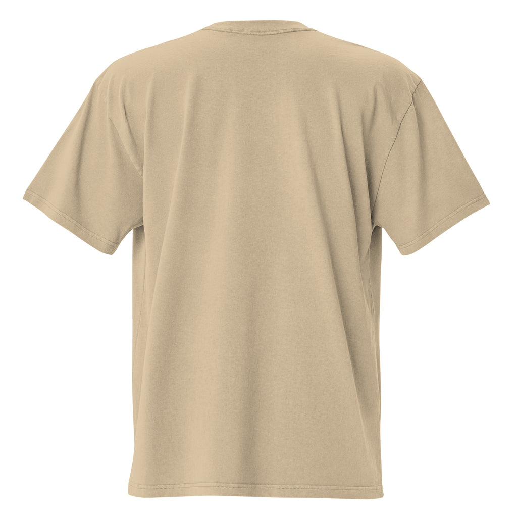 Back view of khaki oversized faded t-shirt with cat illustrations and Bible verses, including Proverbs 12:10, 1 Corinthians 13:7, and Matthew 10:29, designed by Pets N Faith.