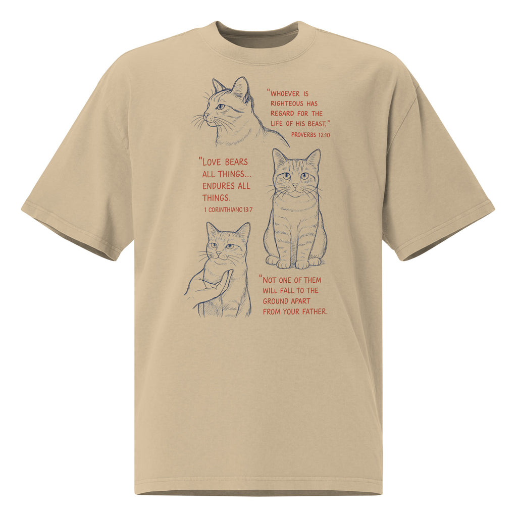 Front view of khaki oversized faded t-shirt with cat illustrations and Bible verses, including Proverbs 12:10, 1 Corinthians 13:7, and Matthew 10:29, designed by Pets N Faith.