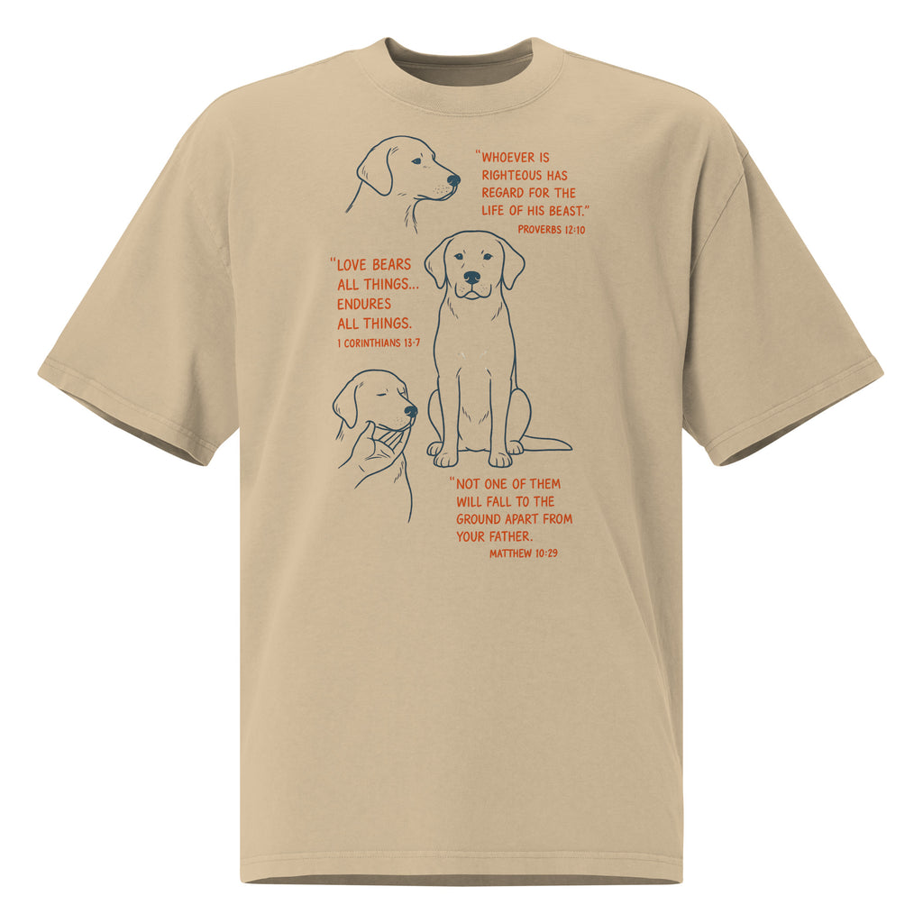 Khaki oversized faded t-shirt with dog illustrations and Bible verses, including Proverbs 12:10, 1 Corinthians 13:7, and Matthew 10:29, designed by Pets N Faith.