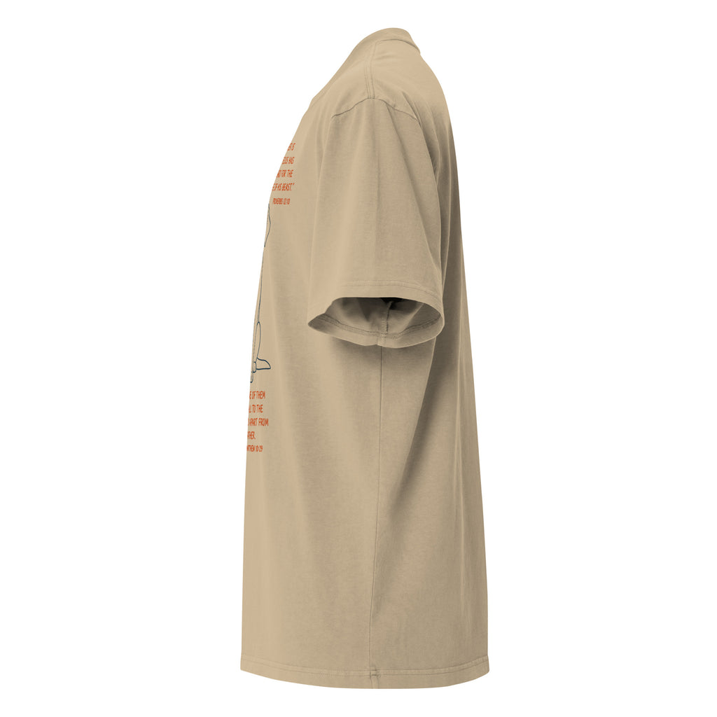 Side of khaki oversized faded t-shirt with dog illustrations and Bible verses, including Proverbs 12:10, 1 Corinthians 13:7, and Matthew 10:29, designed by Pets N Faith.