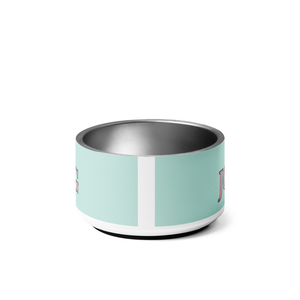 Back view of mint green pet bowl stacked on top of each other with pink and black text reading “Joy in Every Wag,” featuring a durable stainless steel interior and anti-slip rubber base.