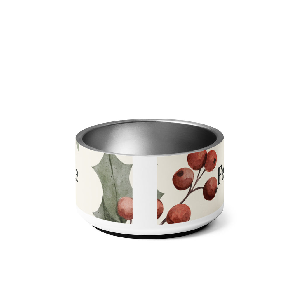Stainless steel pet bowl with cream exterior and green leaf botanical pattern, text “Feeding Time, Faithful Time” around the rim, anti‑slip base visible