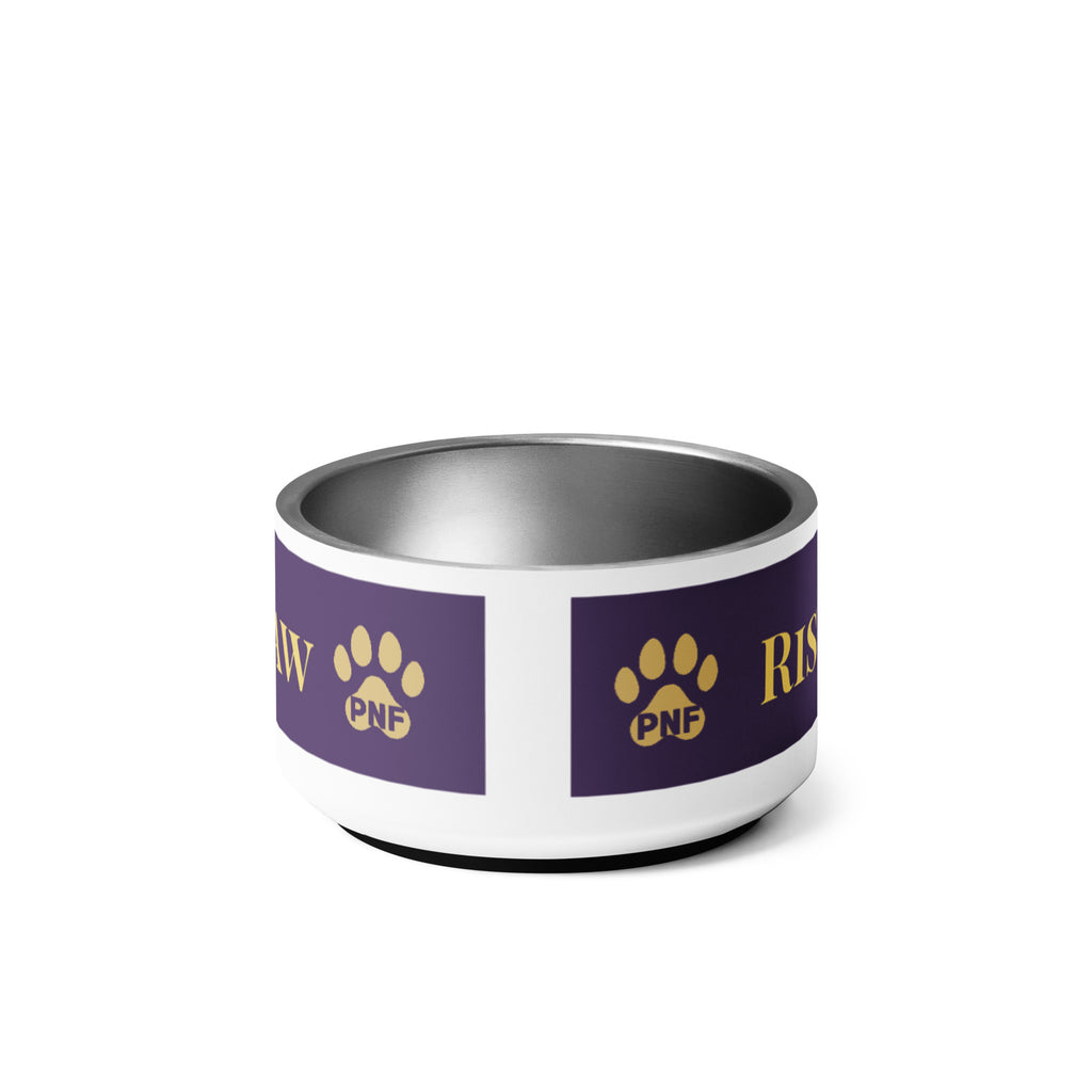 Back view of stainless steel pet bowl with a deep purple exterior and golden text reading “Risen Love, Renewed Paw,” finished with a white base, two gold paws on the side, and non-slip bottom.