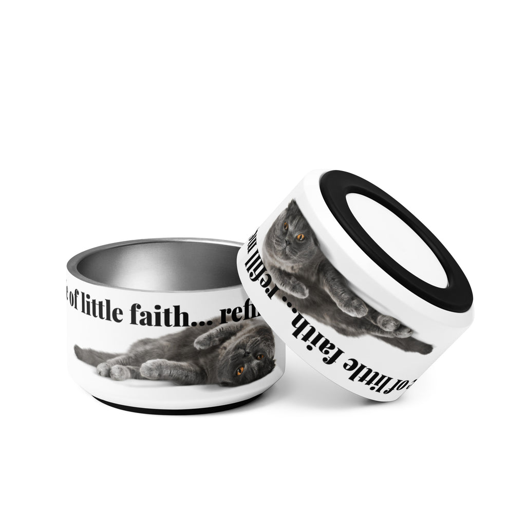 Stainless steel pet bowl with “Ye of little faith” cat design, shown empty and tilted.