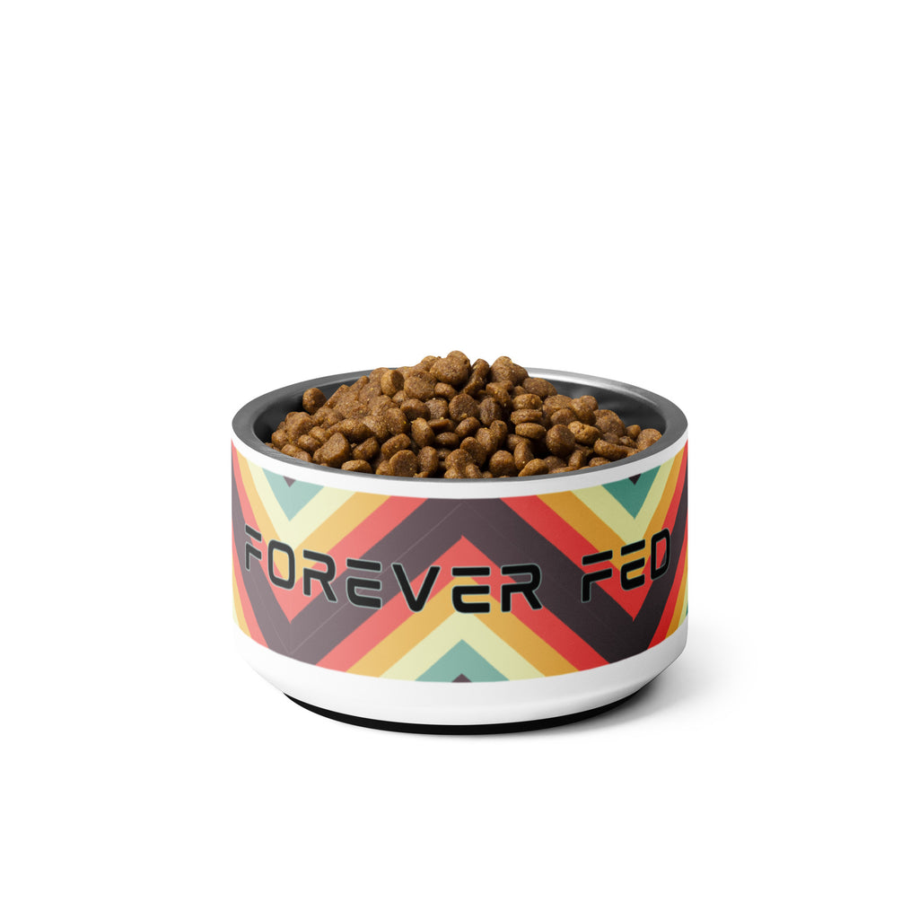 Stainless steel “Forever Fed” pet bowl filled with dog kibble, featuring retro rainbow stripes.