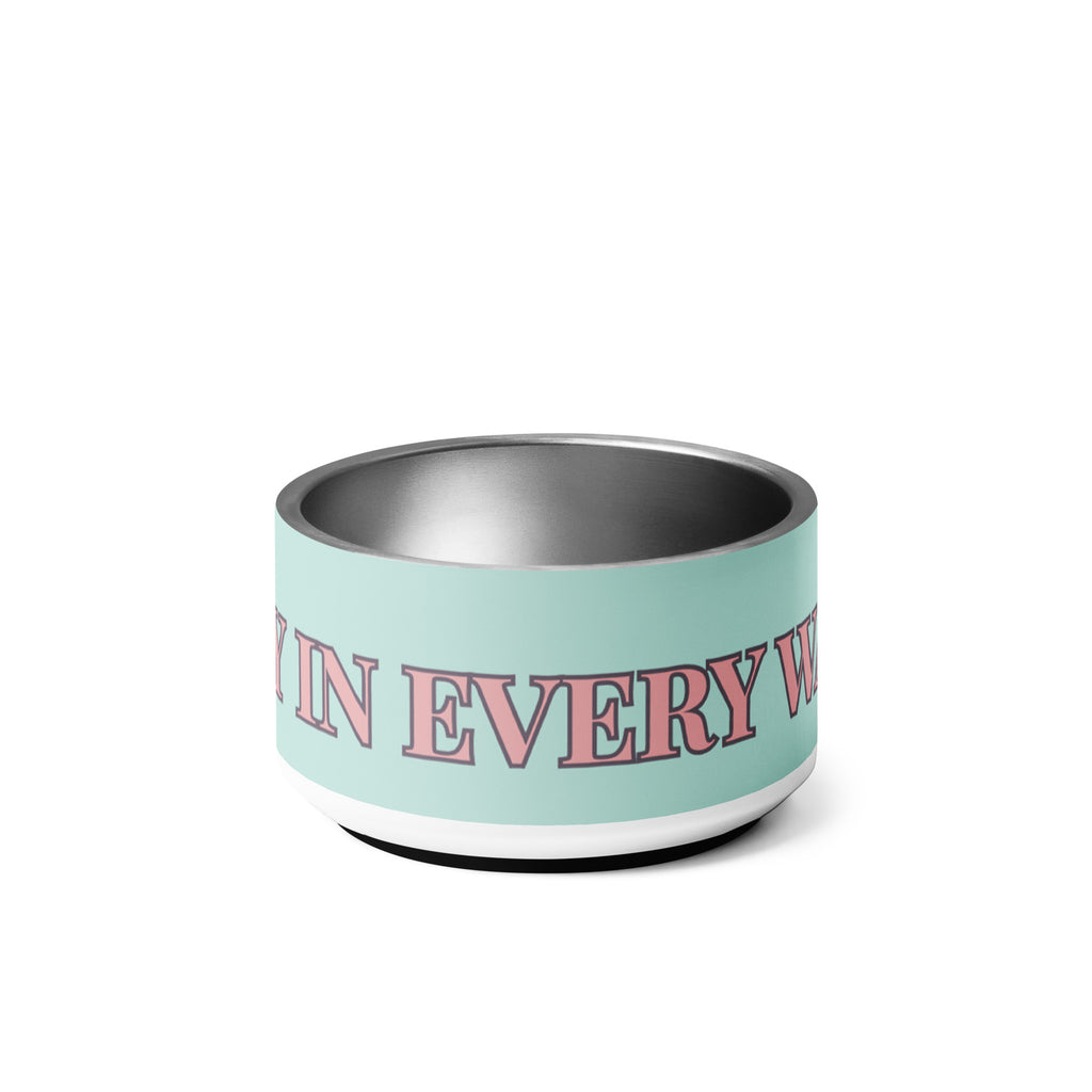 Mint green pet bowls stacked on top of each other with pink and black text reading “Joy in Every Wag,” featuring a durable stainless steel interior and anti-slip rubber base.