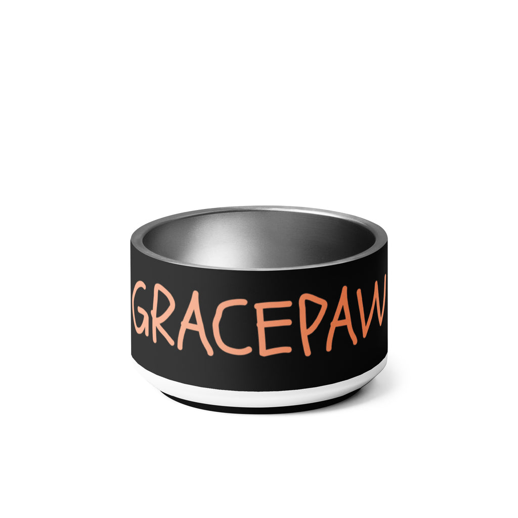 Black stainless steel pet bowl with peach “GRACEPAW” lettering, featuring a sleek, durable finish and anti‑slip base.