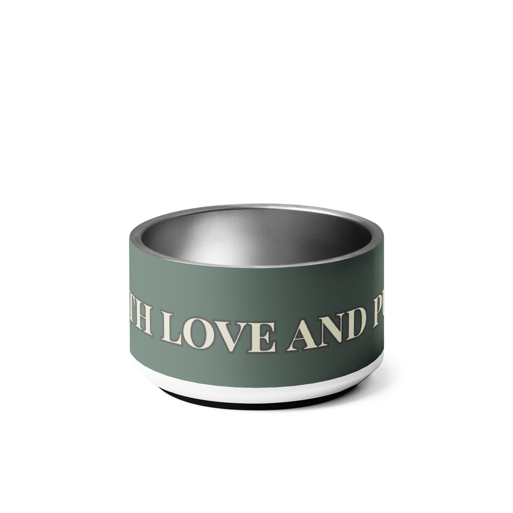 Close-up of white stainless steel pet bowl with the saying, " Fed with Love and Purpose". 