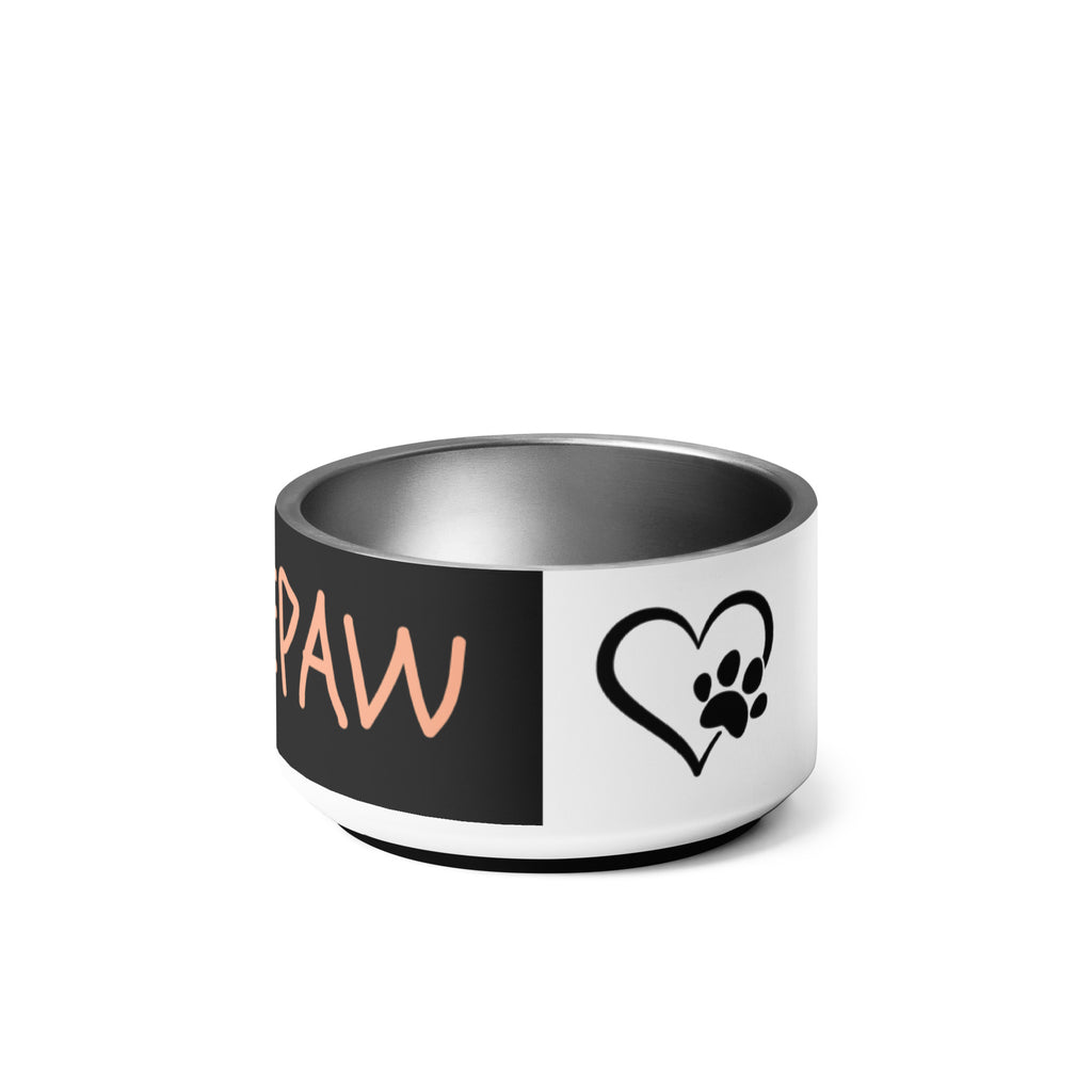 Side view of black stainless steel pet bowl with peach “GRACEPAW” lettering, featuring a sleek, durable finish and anti‑slip base.