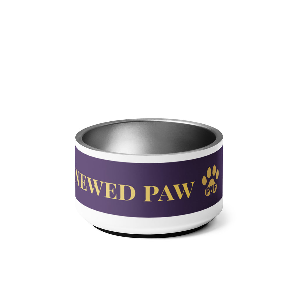 Side view of stainless steel pet bowl with a deep purple exterior and golden text reading “Risen Love, Renewed Paw,” finished with a white base, two gold paws on the side, and non-slip bottom.