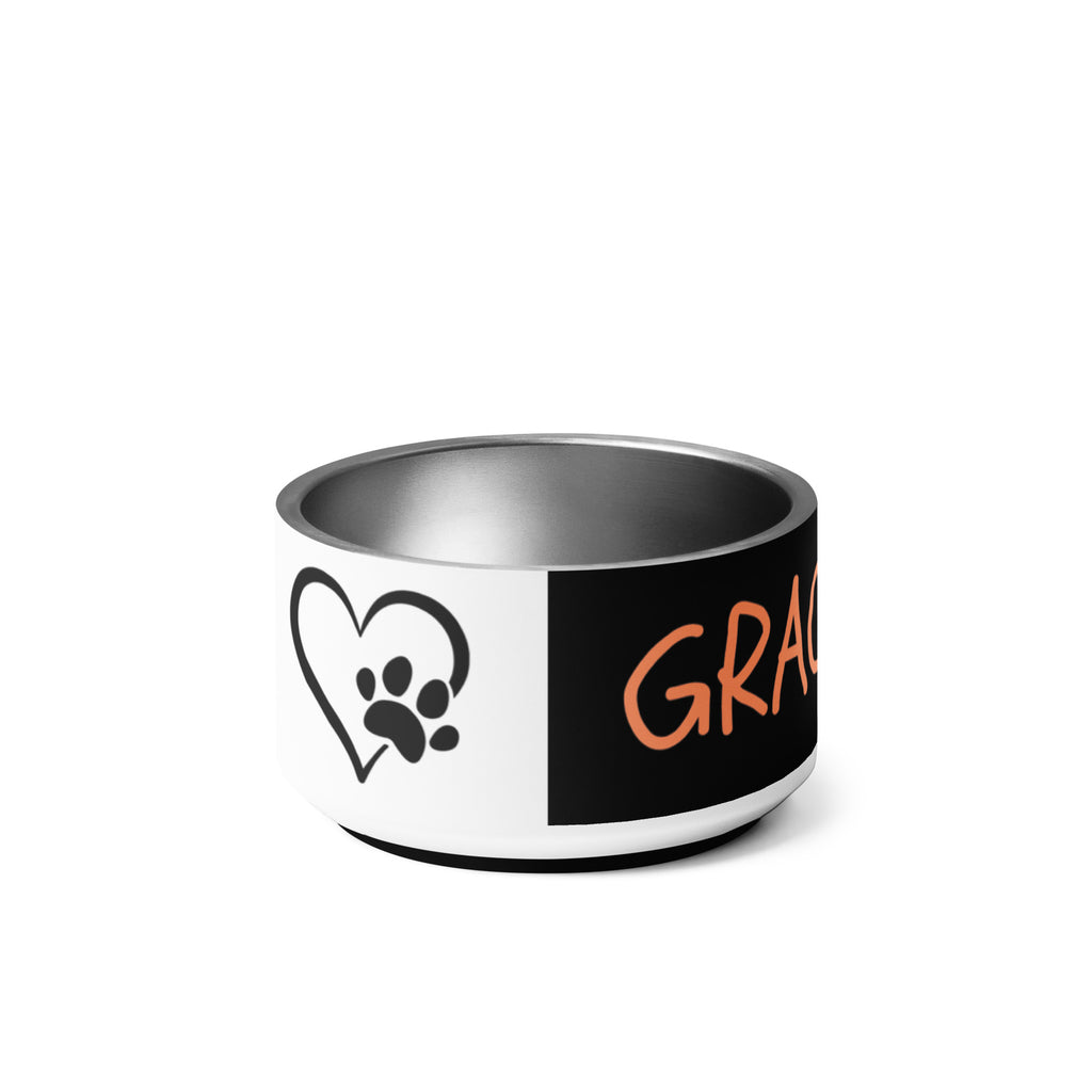 Side view of black stainless steel pet bowl with peach “GRACEPAW” lettering, featuring a sleek, durable finish and anti‑slip base.