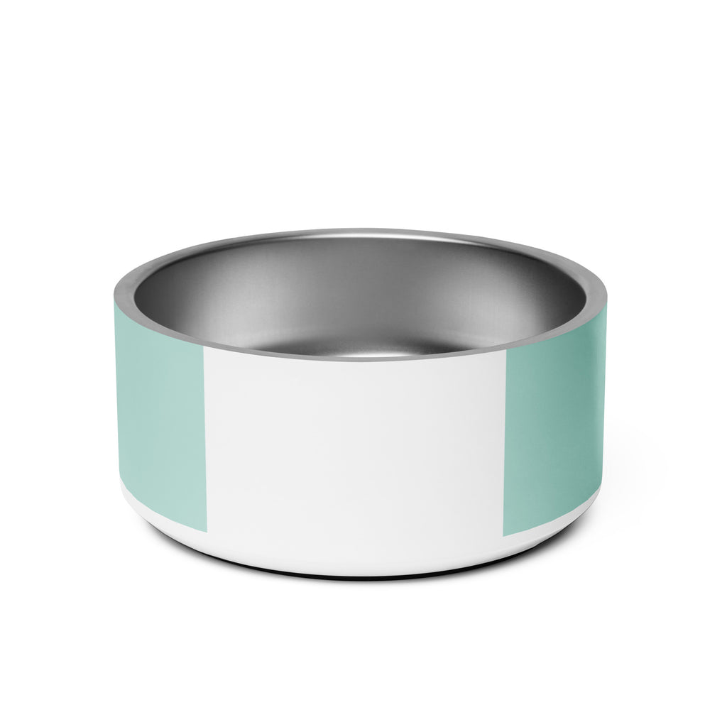 Back view of mint green pet bowl stacked on top of each other with pink and black text reading “Joy in Every Wag,” featuring a durable stainless steel interior and anti-slip rubber base.