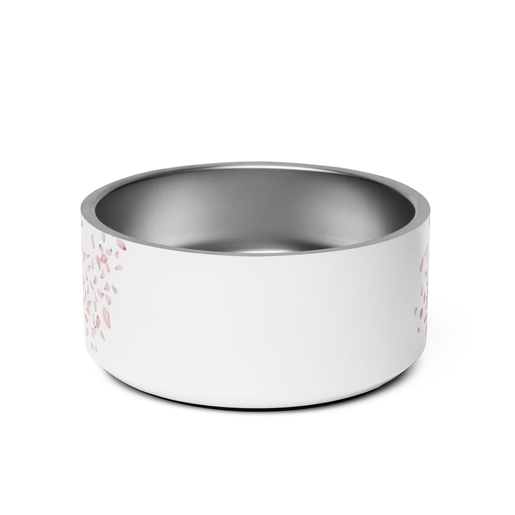 Close-up of the back view white stainless steel pet bowl with the words, “Overflowing” in the front and a rose petal design adorned on the sides.