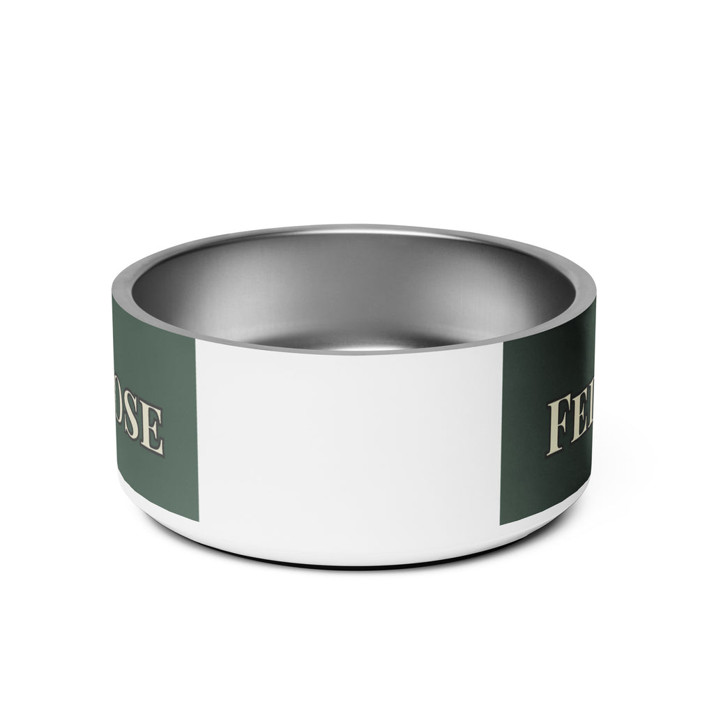 Close-up of back view of white stainless steel pet bowl with the saying, " Fed with Love and Purpose". 