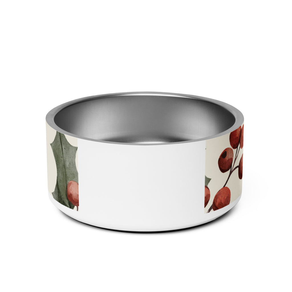 Stainless steel pet bowl with cream exterior and green leaf botanical pattern, text “Feeding Time, Faithful Time” around the rim, anti‑slip base visible