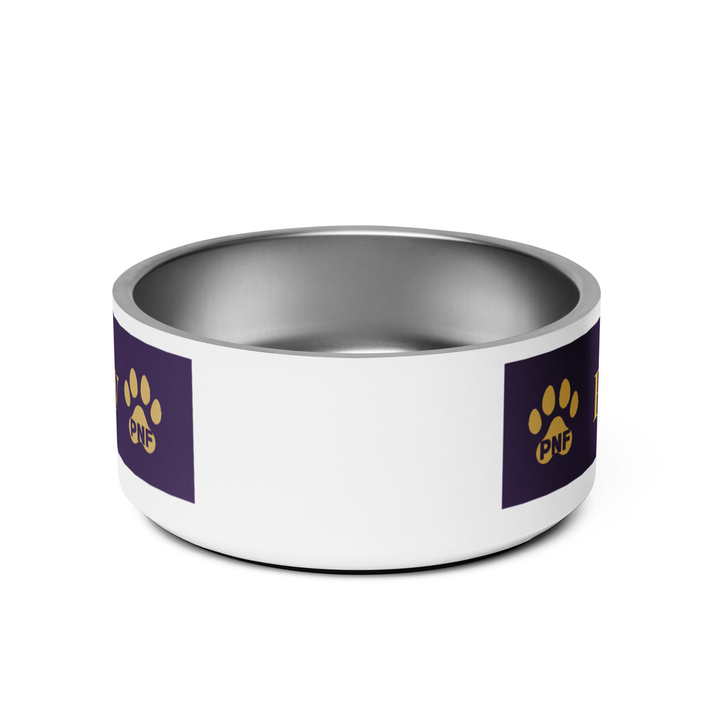 Back view of stainless steel pet bowl with a deep purple exterior and golden text reading “Risen Love, Renewed Paw,” finished with a white base, two gold paws on the side, and non-slip bottom.
