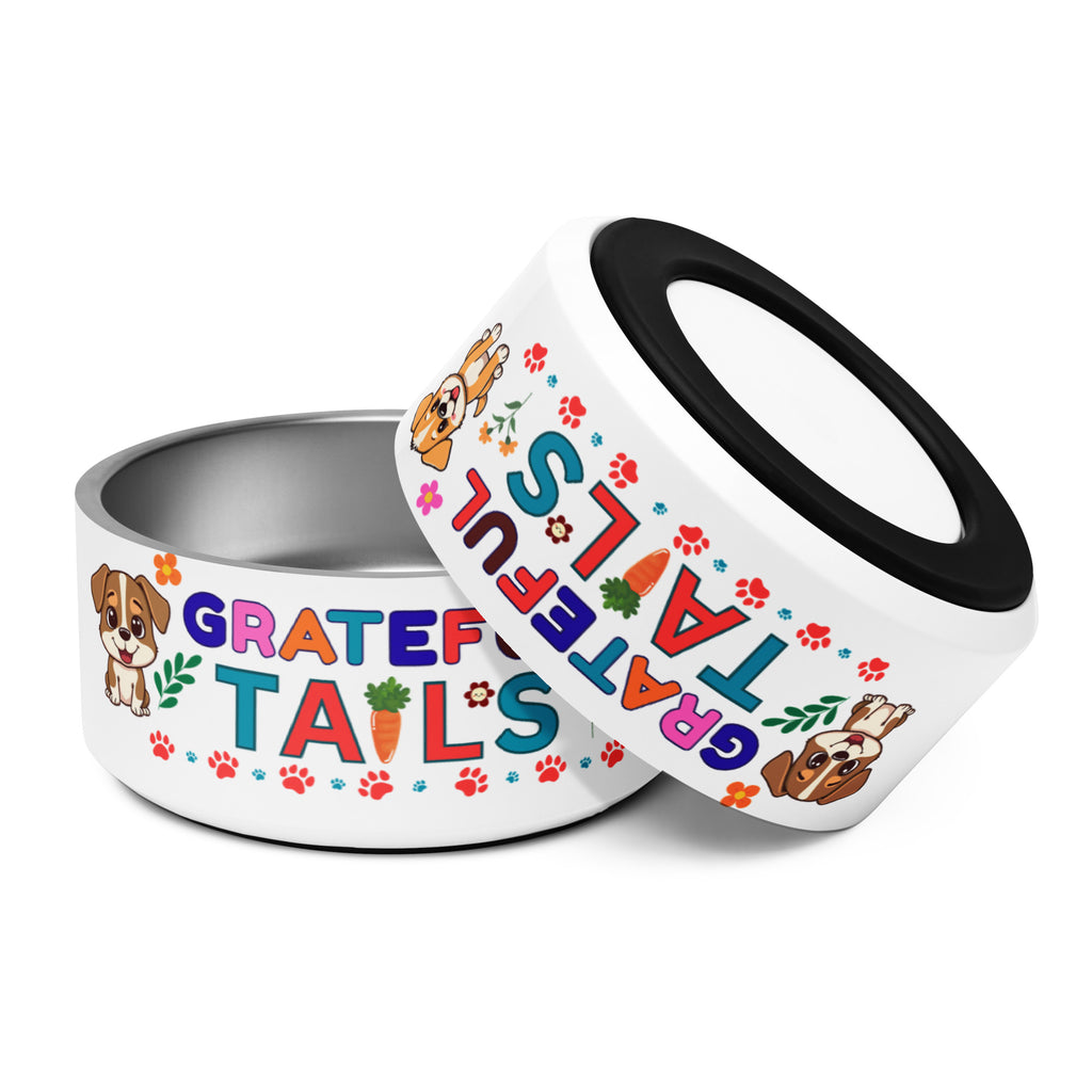 Two stainless steel pet bowls with colorful “Grateful Tails” design featuring cartoon dogs, paw prints, flowers, and a carrot.