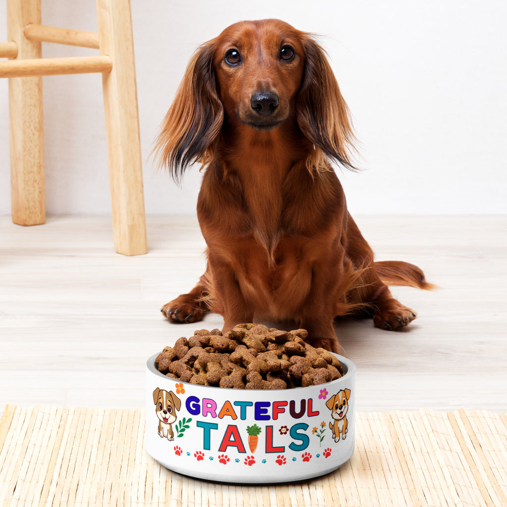 Long-haired dachshund sitting on a light floor behind a “Grateful Tails” pet bowl filled with kibble.