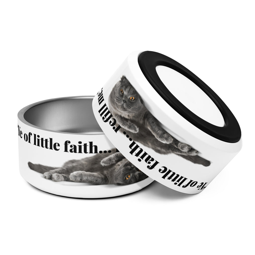 Stainless steel pet bowl with “Ye of little faith” cat design, shown empty and tilted.