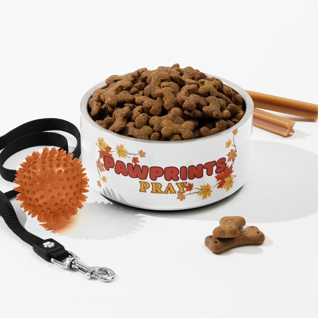 Stainless steel pet bowl with "Pawprints Pray" text and autumn leaf design, empty.