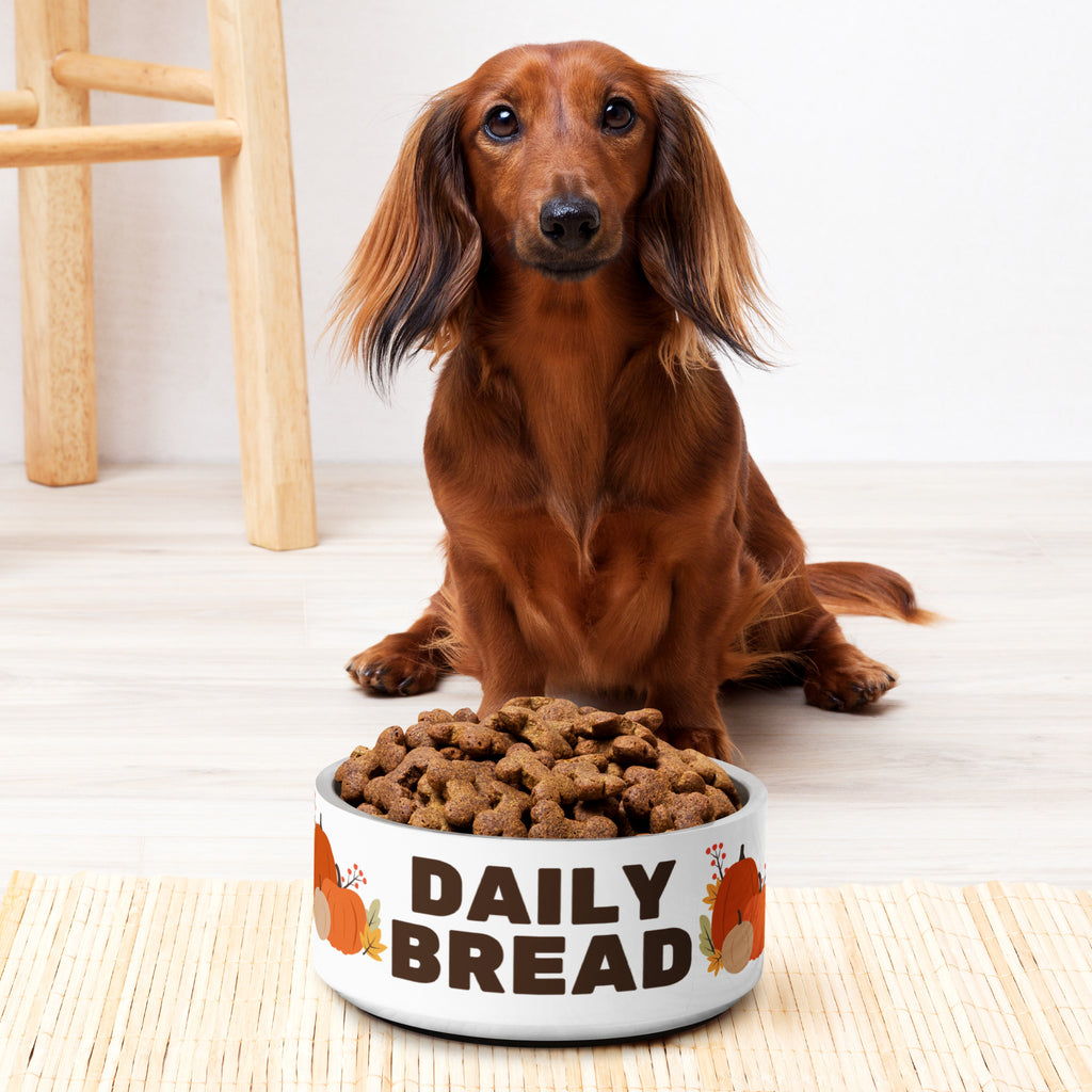 Happy dachshund sitting next to the Daily Bread autumn-themed pet bowl filled with kibble.