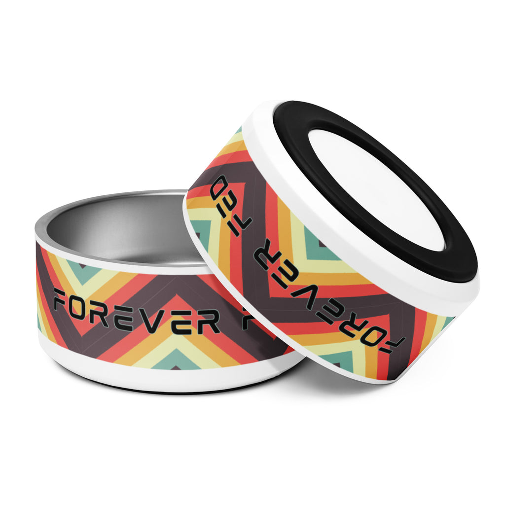 Stainless steel pet bowl with “Forever Fed” text and retro rainbow stripe design, shown stacked with another bowl.