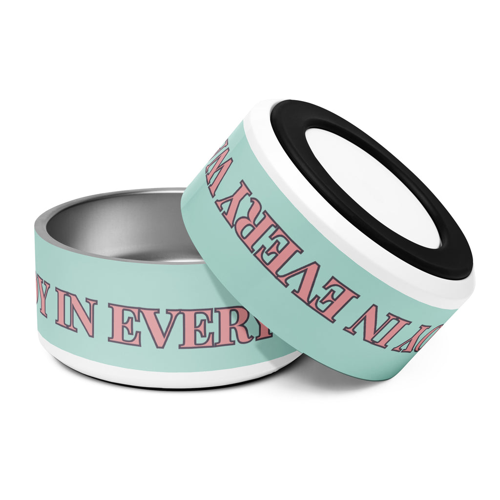 Two mint green pet bowls stacked on top of each other with pink and black text reading “Joy in Every Wag,” featuring a durable stainless steel interior and anti-slip rubber base.