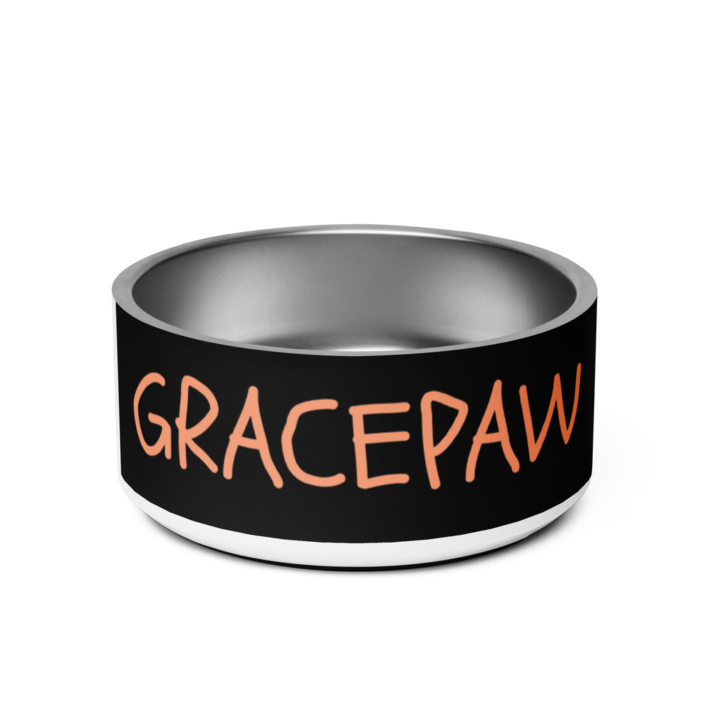 Black stainless steel pet bowl with peach “GRACEPAW” lettering, featuring a sleek, durable finish and anti‑slip base.