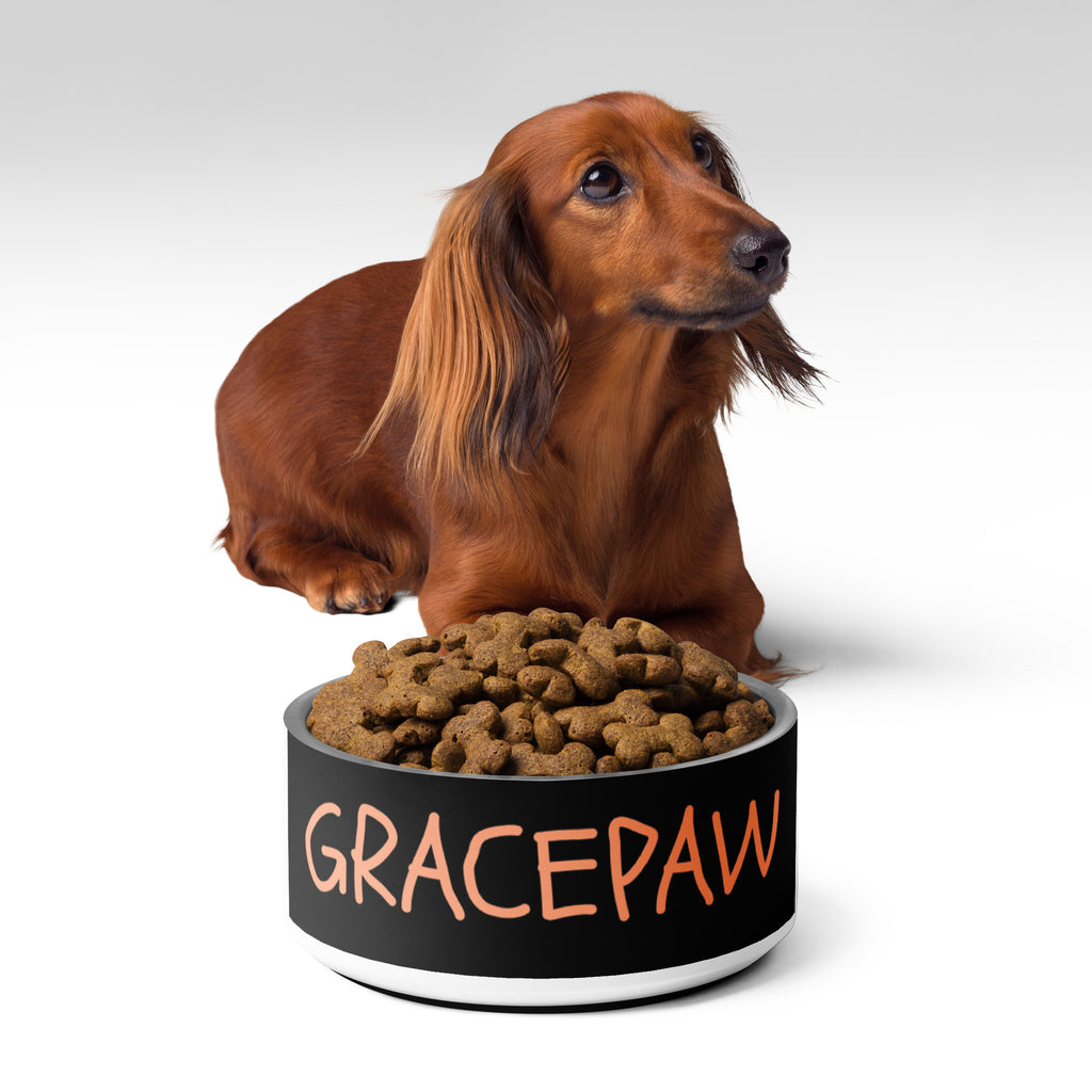 Black stainless steel pet bowl with peach “GRACEPAW” lettering, featuring a sleek, durable finish and anti‑slip base. A brown dog is in front of the dog bowl filled with kibble.
