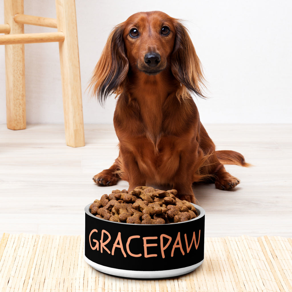 Black stainless steel pet bowl with peach “GRACEPAW” lettering, featuring a sleek, durable finish and anti‑slip base. A brown dog is in front of the dog bowl full of kibble.