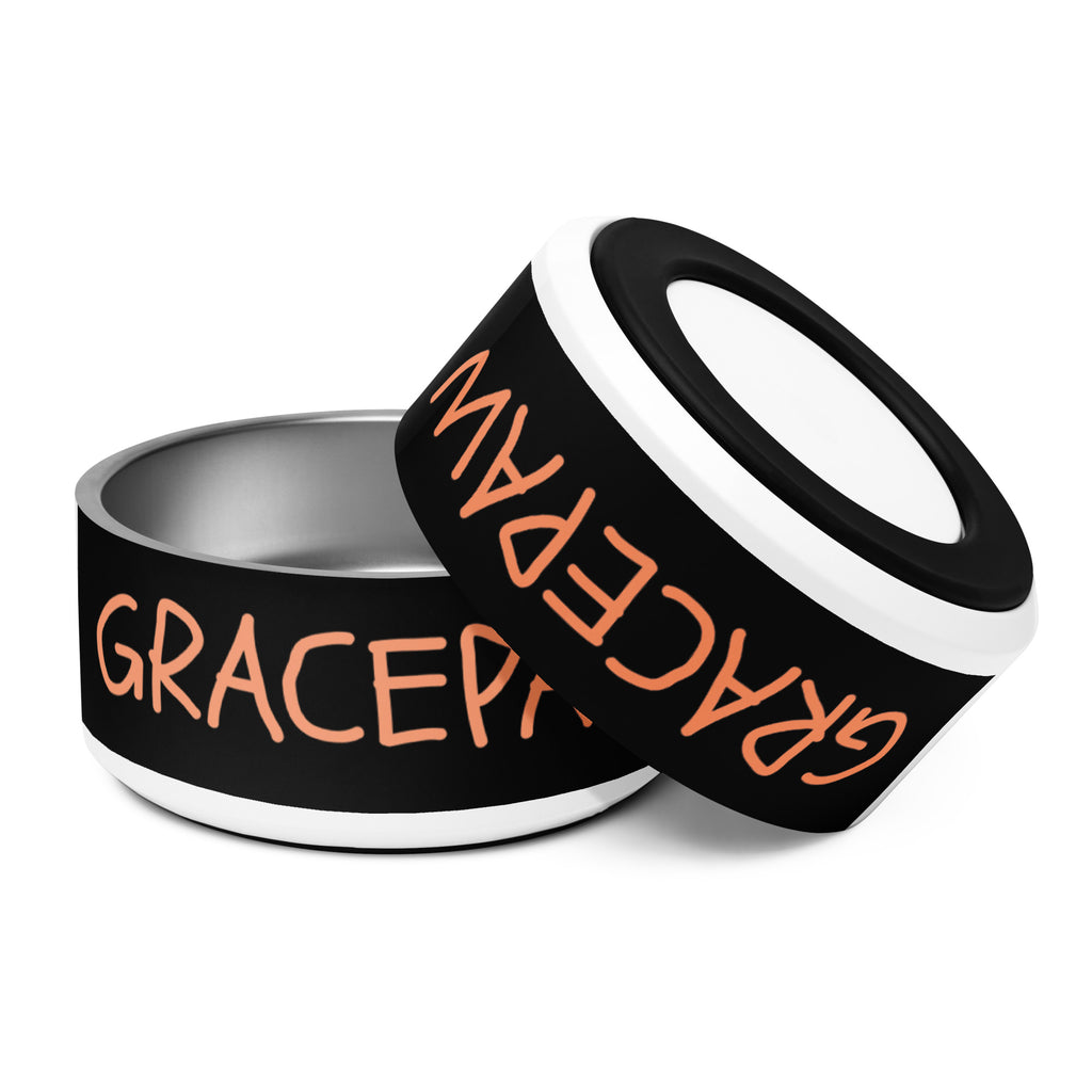 Two Black stainless steel pet bowl with peach “GRACEPAW” lettering, featuring a sleek, durable finish and anti‑slip base.