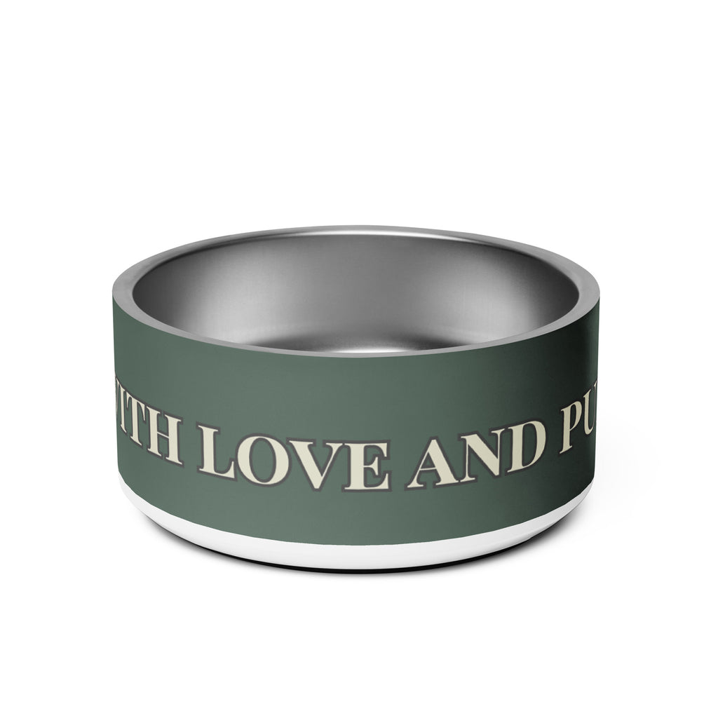 Close-up of white stainless steel pet bowl with the saying, " Fed with Love and Purpose". 