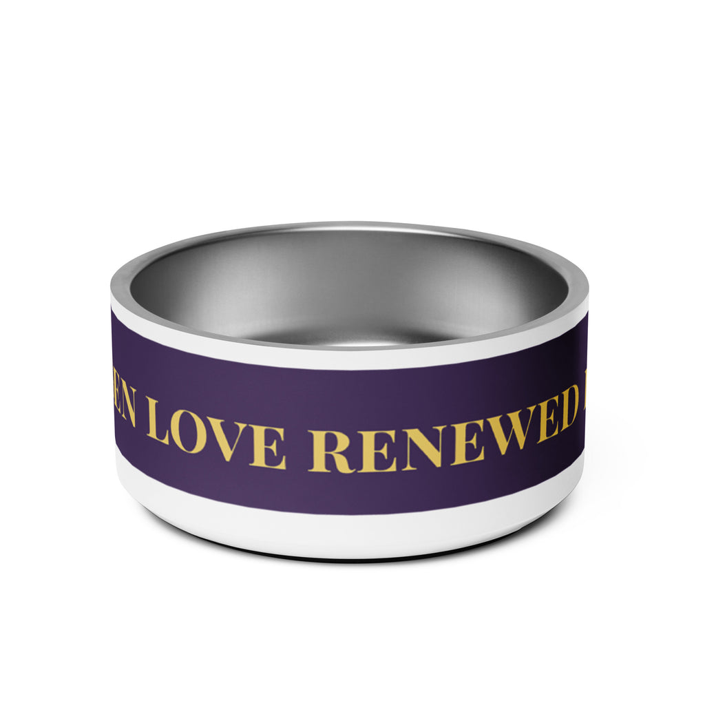 Stainless steel pet bowl with a deep purple exterior and golden text reading “Risen Love, Renewed Paw,” finished with a white base two gold paws on the side and non-slip bottom.