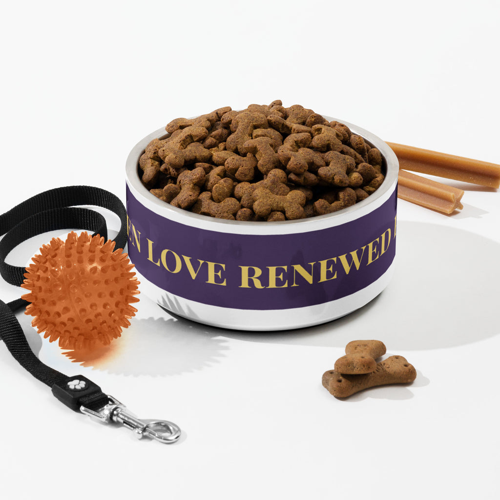 Stainless steel pet bowl with a deep purple exterior and golden text reading “Risen Love, Renewed Paw,” finished with a white base, two gold paws on the side, and non-slip bottom.
