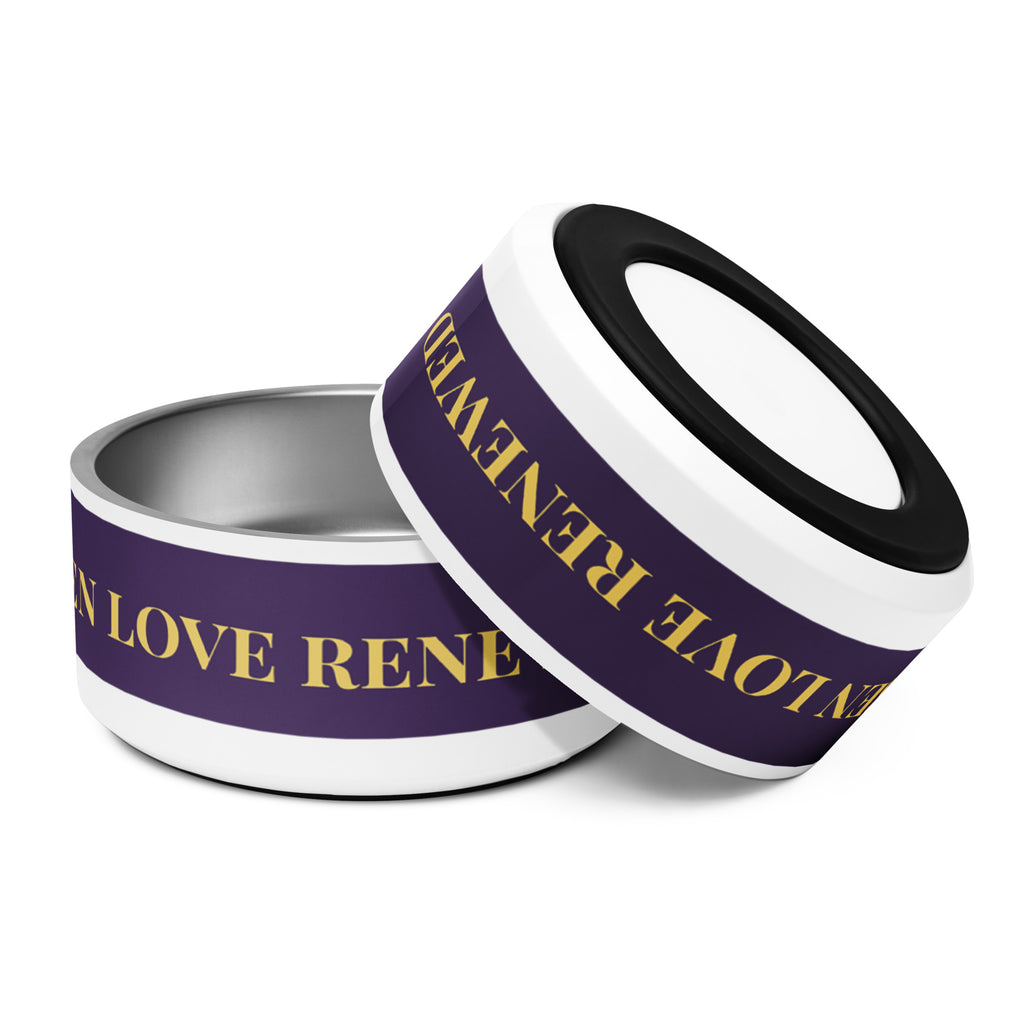 Stainless steel pet bowl with a deep purple exterior and golden text reading “Risen Love, Renewed Paw,” finished with a white base, two gold paws on the side, and non-slip bottom.