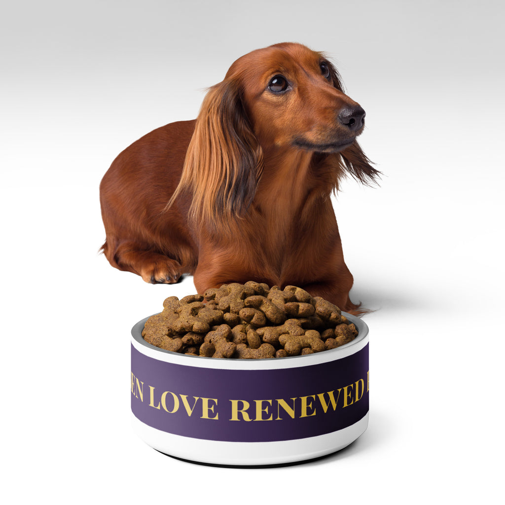 Stainless steel pet bowl with a deep purple exterior and golden text reading “Risen Love, Renewed Paw,” finished with a white base, two gold paws on the side, and non-slip bottom.