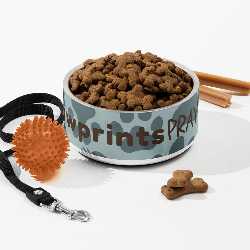 Stainless steel pet bowl with soft blue background and scattered dark paw prints, featuring the text “Pawprints Pray” in brown bold and handwritten font.