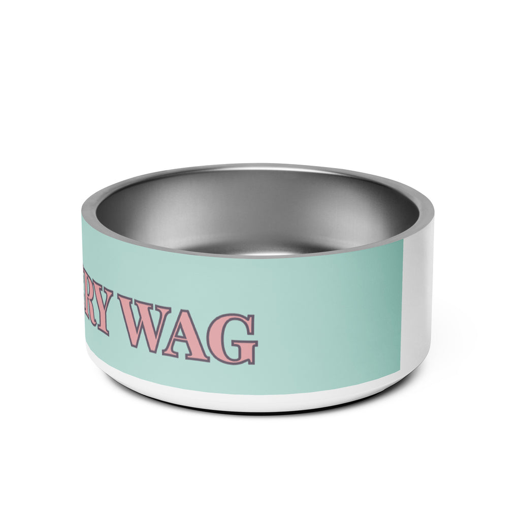 Mint green pet bowls stacked on top of each other with pink and black text reading “Joy in Every Wag,” featuring a durable stainless steel interior and anti-slip rubber base.
