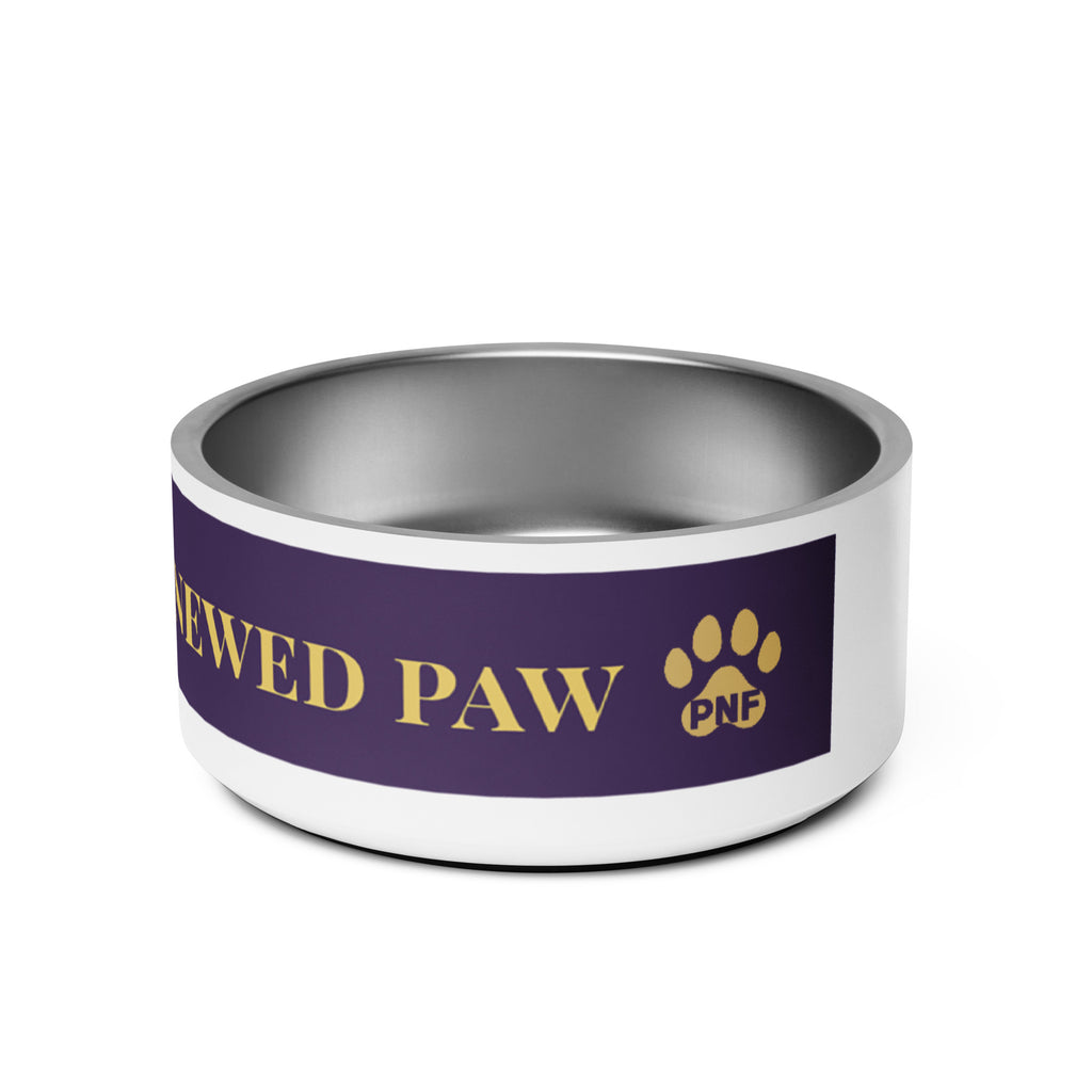 Side view of stainless steel pet bowl with a deep purple exterior and golden text reading “Risen Love, Renewed Paw,” finished with a white base, two gold paws on the side, and non-slip bottom.